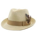 Cappello di paglia beige classico da spiaggia con nastro marrone e decoro di piuma - M(56-58cm) / Beige (02)