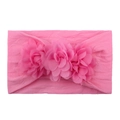 Detail of three vibrant pink chiffon flowers on a soft nylon elastic baby headband - Pink
