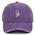 Detailed embroidery of a cartoon ghost on a skateboard atop a purple vintage cotton cap - Adjustable / Purple