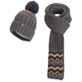 Grey knitted hat and scarf set with pompom and Nordic geometric jacquard pattern - Hat + Scarf / Grey (2-Piece Set)