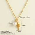 Golden stainless steel necklace featuring elegant shell and pearl pendants in a beach style - Imitation Pearl + Conch(25208)