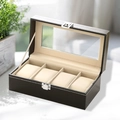 4-slot black leather watch box with transparent window and soft beige velvet lining - 4-Slot Watch Box
