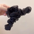 Elegant black pleated mesh hair claw clip with large chiffon fabric ruffles for women - Black