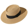 Dettaglio della trama intrecciata e del nastro nero su un cappello di paglia a cima piatta - M (56-58cm) / Cappello Cachi + Nastro Nero