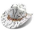 White wool fedora hat with black seagull print and beaded brown braided hat band - M (56-58cm) / White - Flat Top