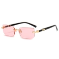 Frameless pink rectangular sunglasses with gold metal hinges and black temples on white background - Premium Cut Lens / C6-Pink Lens