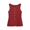 Bordeauxrode gebreide damesvest met elegante gouden knopen op een witte achtergrond - S / Rood