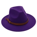 Detail of purple fedora hat with brown leather strap and metal buckle closure - Purple (Brown Belt)