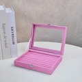 Pink velvet jewelry box with glass lid and ring display slots for elegant storage - Ring Slots / Pink
