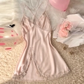 Pale pink silk satin nightdress with lace trim and elegant side slit detail - Champagne