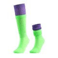 Green slouch socks with purple ribbed cuff, shown in straight and folded styles - Triple Full Inspection Quality / Neon Green & Light Purple