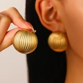 Golden titanium steel ball earrings with vertical ribbed texture in large spherical style - 18K Gold Plated Round Shell (3226)