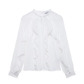 Elegant white chiffon long sleeve shirt with ruffle trim and high collar standing design - XS / White