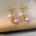 Macro shot of gold leaf earrings with rhinestones and pink pearls on satin background - Earrings (Silver Pin-Gold-White-Pink)