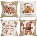 Set of 4 Christmas gingerbread themed linen cushion covers with festive bakery patterns - Gingerbread Theme Warm Color Set