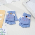 Blue knit convertible gloves for kids featuring a cute cat design and button flap - 3-7 Years / Blue Cat
