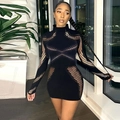 Elegant black long sleeve bodycon mini dress with geometric mesh cutouts and high neck - One Size / Black