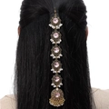 Detail of ethnic gold Maang Tikka with pink crystals and pearls on dark hair - Pink