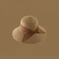 Elegant wide brim straw sun hat in brown with matching ribbon bow decoration - Adjustable / Khaki-Coffee Edge Sticky Bow