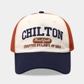 Detailed close-up of vintage embroidery with Chilton New York text on a color-block cap - Adjustable / Caramel/Navy Patchwork