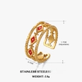 Anello regolabile in acciaio inossidabile dorato con tre diamanti in smalto rosso - Oro con Rosso