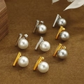 Minimalist pearl earrings with 18K gold plated steel bars in white and grey - Bar Stud White Pearl Earrings / Gold
