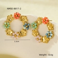 Detailed macro view of 18K gold-plated floral hoop earrings with colorful beads - Gold Multi-Color Beaded Wreath (B817-2)