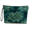 Floral makeup bag with green succulent print, gold trim details, and side wristlet strap - Realistic Succulent Pattern (Style 1)