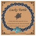 Handmade hematite beaded bracelet with blue turquoise turtle charm on lucky gift card - Hematite