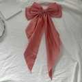 Elegant oversized nude pink satin bow hair clip with long ribbons and layered design - Watermelon red