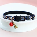 Dark blue checkered cat collar with orange accents, red bell and colorful tassel - Navy Blue Weaving