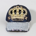 Detail of blue denim baseball cap with gold crown lace, pearls and skull charms - Style 15-Dark Blue Denim Gold Crown Pearl