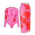 Detail of long sleeve surfboard swimsuit set with front zipper and pink geometric print - S / Pink Patchwork Set (Swimsuit + Sarong)