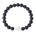 Detailed view of matte black lava stone beads with a white synthetic stone cross charm - Black Lava Stone Color