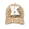 Detail of leopard print baseball cap with chenille letter K patch and distressed brim - Leopard-Letter K