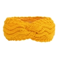 Detail of yellow knit winter headband featuring a soft fleece-lined chunky braided texture - Ginger Yellow