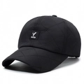 Black quilted down baseball cap featuring a diamond lattice pattern and bird embroidery - Adjustable / Black