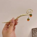 Golden vintage hair stick with orange persimmon pendants and faux pearl in Chinese style - F0272 Persimmon Joy