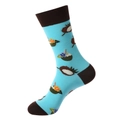 Light blue crew socks with tropical palm and floral pattern and dark brown toe accents - Light Blue Coconut Floral (1190)