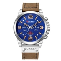CURREN men's chronograph watch with blue dial, silver case and brown leather strap - Silver Case Blue Dial Brown Strap