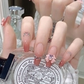 Pink gradient long trapezoid press-on nails with resin bows and heart rhinestones - Pink Purple Ombre Bowknot Heart (N5228)