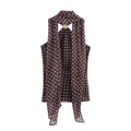 Brown polka dot halter neck sleeveless chiffon top with decorative gold metal ring buckle - S / Dark Brown Polka Dot