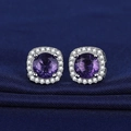 Elegant S925 sterling silver stud earrings with round purple gemstone and diamond halo - One-carat Purple Diamond Square Bag Earrings Led-74
