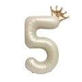 Macro shot of cream number 5 foil balloon with a golden crown for birthday decoration - Cream White Crown Number 5