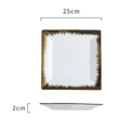 White square ceramic dinner plate with gold trim, 25cm width with professional side view - 10 Inch Square Plate / Brushed Gold Rim