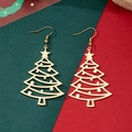 Detailed view of hollow gold-plated Christmas tree earrings on a festive red and green background - Gold