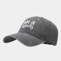 Detailed texture of dark gray washed cotton baseball cap with white printed lettering - Adjustable / Gray