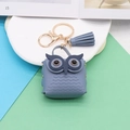 Blue owl PU leather mini coin purse keychain with golden ring and tassel charm - Blue