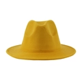 Detailed view of a bright yellow wool felt fedora with a classic creased crown and flat brim - One Size (58cm) / Yellow