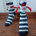 Blue and white striped Christmas mid-tube socks with 3D Santa Claus and red antlers - Blue White Striped Santa Antler